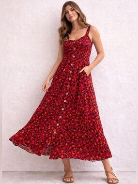 Alya Red Leopard Print Midi Dress Size Small Button Front Smocked Boho Summer